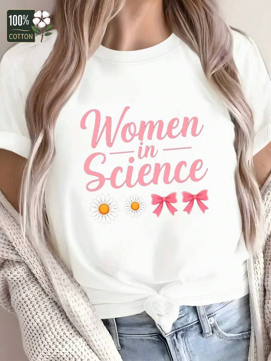 Women's T-Shirt With Science And Empowerment Theme - 100% Comfortable Casual Style With Round Neck, Featuring Scientific Motifs And A Female Scientist Design, Suitable For STEM Education, Laboratory Or Everyday Wear. - 白色 - 查看 1
