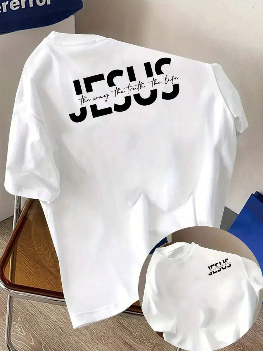 Short-Sleeved T-Shirt, 100% Cotton, With A Jesus Print: "Jesus Is The Way, The Truth, And The Life." This Women's T-Shirt Features A Modern Print, Perfect For Spring And Summer. It's A Fashionable Item That Can Be Worn Year-Round. Suitable For Layering In Spring And Autumn, And On Its Own In Summer. Unisex Style, This Modern, Heavyweight Cotton T-Shirt Has A City Boy Vibe. - 白色 - 查看 1