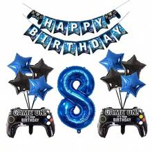 遊戲主題生日派對裝飾套組，藍黑數字氣球 1-12、生日快樂海報、遊戲手把氣球 - 查看 16