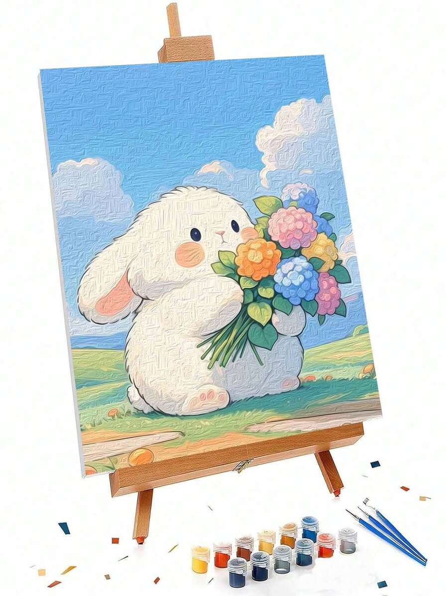 Pintura por números DIY de 16x20 pulgadas con conejo lindo y flores coloridas, artesanía para decoración del hogar y regalo festivo - Conjuntos - Ver 1