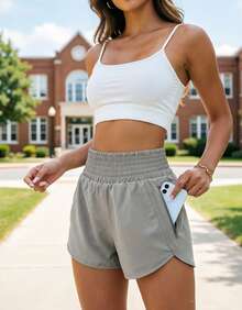 Women's High-Rise Workout Shorts - Lightweight Quick-Dry Athletic Shorts With Zip Pocket, Built-In Liner For Running, Yoga, Gym - Gray 1 - View 3