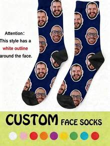 1 Pair Customized Photo Socks/Face Socks, Upload Photo To Create Multi-Person Portrait Print Mid-Calf Socks, Fun Creative Gift Socks, Suitable As Unique Gifts For Family And Friends - Blue - View 2