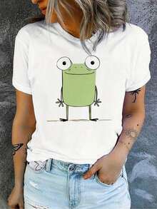 Women's Cotton T-Shirt, Casual And Stylish Round Neck With Abstract Frog Print, Breathable, Round Neck, And Short Sleeves, A New Summer T-Shirt For Women For Leisure. Cozy Soft Simple Everyday Wear Short Sleeve Top - 白色 - 查看 3