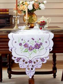 1pc Elegant Purple Flower Embroidered Table Runner, Placemat And Table Scarf, Scalloped Hollow-Out Cutwork Design, Vintage French Style. Perfect For Daily Home Use, Festivals And Wedding Table Decoration. - Purple - View 13