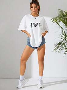 The Hottest Item Of The Summer: Pure Cotton T-Shirt, Crew Neck T-Shirt With Heart Print, Graphic Tees With Cheetah Print For Women, Stylish Pure Cotton T-Shirt. Stylish, Popular, Party T-Shirt. - 白色 - 查看 3