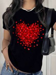 Short-Sleeved T-Shirt With Red Heart Print, Black T-Shirt With Love Print For Valentine's Day, Casual Top With A Romantic And Cute Aesthetic Touch. - 黑色 - 查看 7