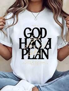 Women's T-Shirt With 'God Has A Plan' Bible Verse Print, Round Neck, Casual Loose Fit For Everyday Wear, Gift Idea, 220g, Suitable As A Gift. Women's T-Shirt. Blouses>Elegant. Boho Chic, Soft, Breathable And Comfortable Women's Top, Ideal For Spring, Summer And Autumn, Perfect For Vacations, Travel And Everyday Wear. - 白色 - 查看 6