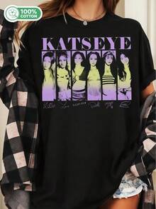 KATSEYES Purple Gradient Group Photo Signatures Cotton T-Shirt Global Girl Group Fan Tee - Black - View 6