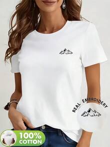 Women's Short-Sleeved T-Shirt, 100% Cotton, Round Neck, Mountain Peak Embroidery, Soft And Skin-Friendly Fabric, Breathable And Comfortable, Ideal For All Seasons, Perfect For Casual Outings, Machine Washable, Ideal For Art And Design Lovers - 白色 - 查看 4