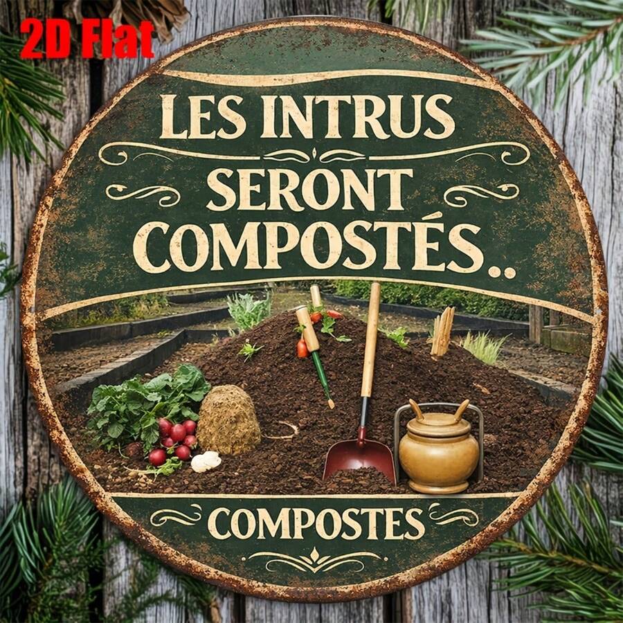 1件 8*8英吋/20x20公分 2D平面圓形金屬牌，復古牌匾附「Compost」設計，「Compost Area Warning」裝飾標誌，創意禮物，適用於庭院、農場、花園，室內/室外牆掛鐵藝裝飾牌