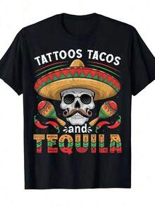 T-Shirt With Tattoos, Tacos, And Tequila, Blue Print On Red, Pre-Printed "Yeah Me Loptim Speaking David" In White. One Material, A Simple Collarless Design In YJeso, Fully Treated After Multiple Washing And Bleaching Experiments. Suitable As Festive Promotional Wear Or Party Favors For Enthusiastic Groups. Men's Gear, Casual Printed Shirts - Mexican Colors And Fleeter Monsters And Festival Patterns In Summer And Easter - 黑色 - 查看 1
