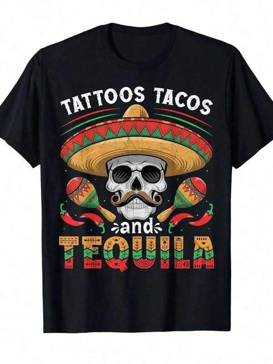 T-Shirt With Tattoos, Tacos, And Tequila, Blue Print On Red, Pre-Printed "Yeah Me Loptim Speaking David" In White. One Material, A Simple Collarless Design In YJeso, Fully Treated After Multiple Washing And Bleaching Experiments. Suitable As Festive Promotional Wear Or Party Favors For Enthusiastic Groups. Men's Gear, Casual Printed Shirts - Mexican Colors And Fleeter Monsters And Festival Patterns In Summer And Easter - 黑色 - 查看 1