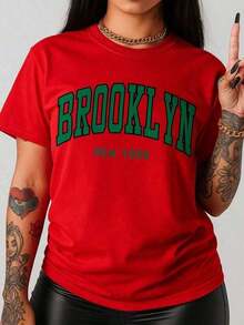 Brooklyn Letter Print Crew Neck T-Shirt, Casual Short Sleeve Drop Shoulder Top, Women's Clothing - 紅色的 - 查看 4