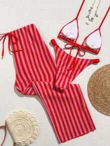 Swim Vcay Conjunto de 3 piezas de traje de baño para mujer, primavera/verano 2026, incluye traje de baño, shorts de baño, falda, tela especial, conjunto de traje de baño elegante y casual para playa y resort - Rojo - Ver 3