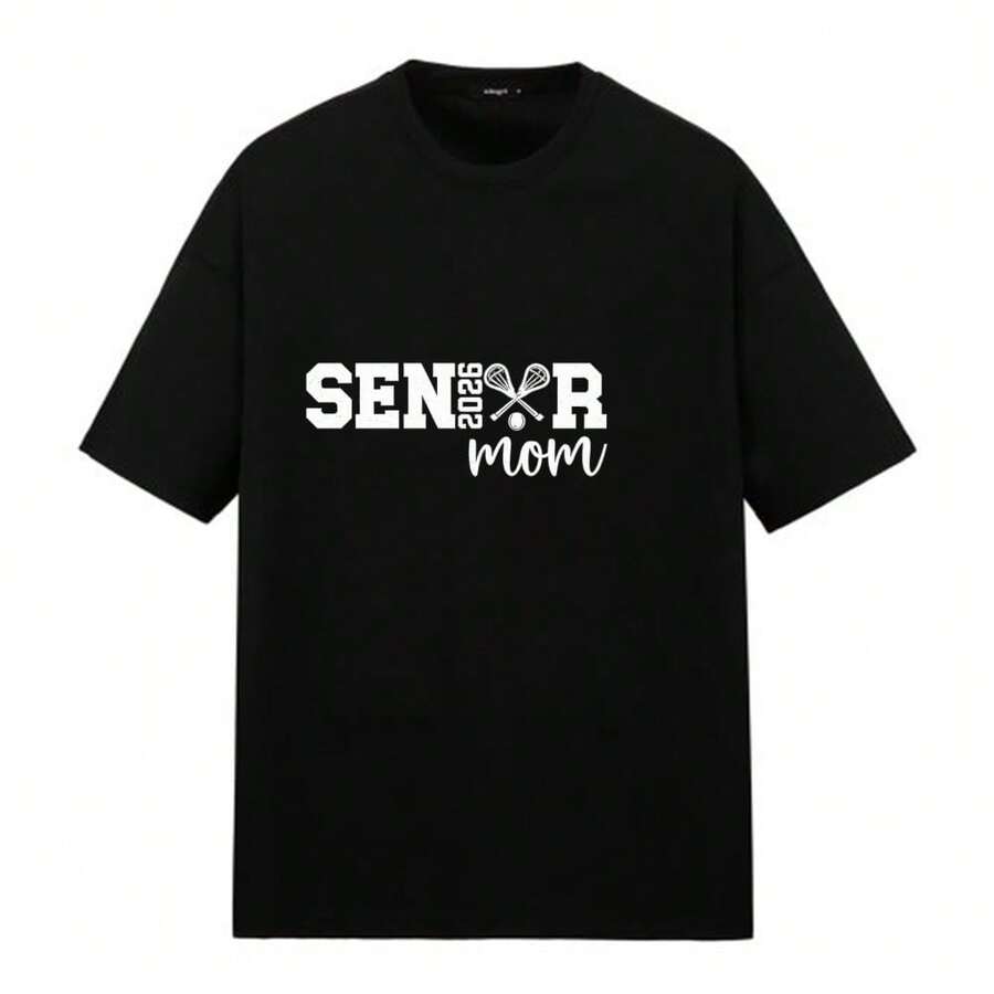 Short-Sleeved Lacrosse Mom Print T-Shirt For Use At Games, Family Events, Free Time, Gym, Graduation, Regular Fit, Casual Style, Comfortable And Breathable. - Hitam - View 1