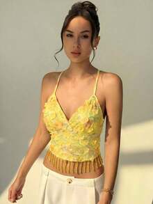 Nueva colección de primavera/verano: Parte superior blanca con flecos y lentejuelas casual y elegante, perfecta para looks inspirados en el romanticismo y el estilo bohemio para el día a día, ir al trabajo, viajar y citas. Ideal para vacaciones de verano en la playa, estilos bohemios, festivales tropicales, conciertos de música country, looks inspirados en Ibiza y atuendos con estilo occidental; conjuntos para vacaciones en la playa; atuendo para invitados de boda en la playa; conjuntos románticos y elegantes adecuados para el hogar, salidas, la playa, looks de moda, ropa casual, ir al trabajo, vacaciones y ocasiones románticas. - Amarillo - Ver 7