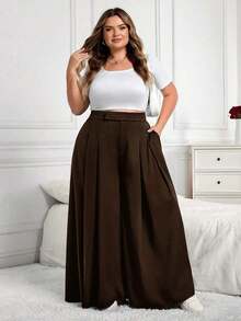CURVE+ Pantalones sueltos y plisados para mujer de talla grande, primavera/verano - Marrón - Ver 7
