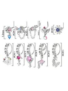 1-8 chiếc khuyên mũi bằng đồng Zirconia nhiều thành phần hình trái tim và hoa bạc, đinh mũi mạ vàng 18K, thích hợp làm trang phục hàng ngày và quà tặng mùa hè cho phụ nữ - Bạc - Xem 8