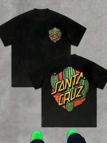 Green Cacti Symbolizing Vital Resistance Against The Desert Sun, Accompanied By The Text "" In Yellow Tones On A Dark Background, Express Youthful Energy And Adventurous Freedom. Men's T-Shirt, Double-Sided, 100% Cotton, 220g - 黑色 - 查看 9