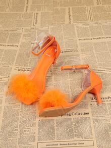 Fashionable Faux Fur Buckle Women's High Heel Sandals, New Summer Open Toe Thin High Heel Ladies' Dress Sandals, Suitable For Business, Party, Wedding, Nightclub - Orange - View 2
