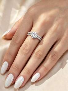 1pair Classic 925 Sterling Silver White Cubic Zirconia Patterned Wedding Ring Set For Women, Engagement, Anniversary & Bridal Gift - Silver - View 3