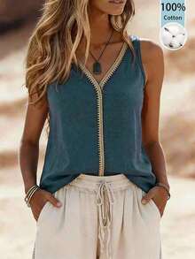 Zayélia Top de mujer de cuello en V, casual, cómodo, de vacaciones, de campo, relajado, de textura suave - Verde Oscuro - Ver 12