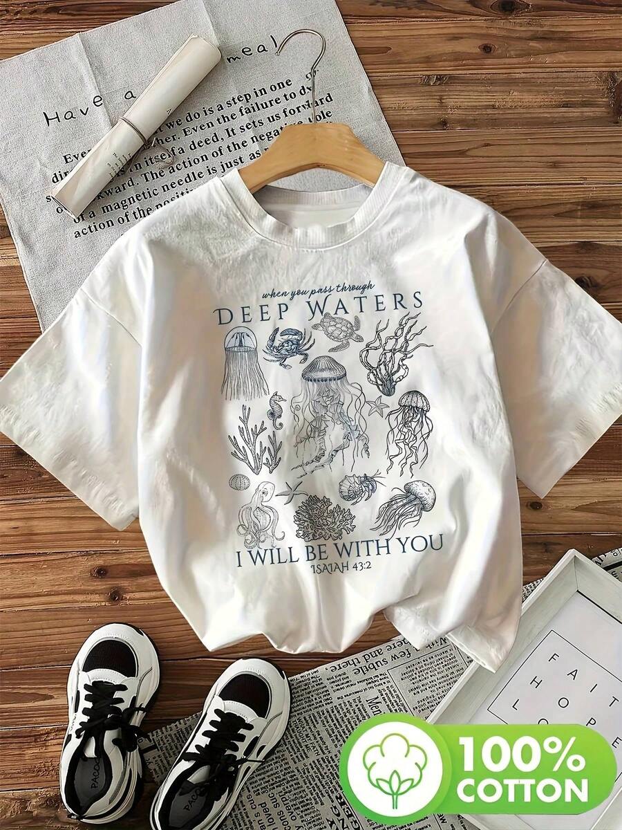 This Women's Graphic Tee Features A Casual Crew Neck, Letter Print, Short Sleeves, And Is Made From A Comfortable And Stylish Knit Fabric Suitable For All Seasons. - [白色的] - 查看 1