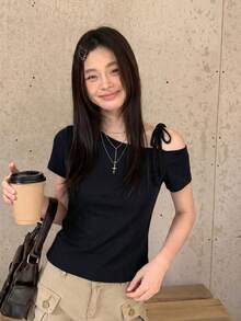 美国性感吊带短袖T恤，夏季系带修身露脐上衣 黑色 - 黑色 - 查看 6
