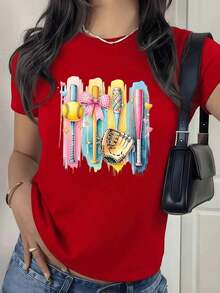 Women's Camisole With Colorful Digital Baseball Print Featuring Bats, Glove, And Ball. Crew Neck, Sports Theme. 220 Grams. 1 Unit. 100% Cotton. Modern Style, Casual Design. Pure-Cotton - 紅色 - 查看 7