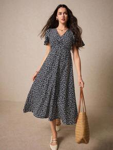 Vestido De Estampado Floral Para Mujer Con Nudo Retorcido Y Abertura Lateral - Azul marino - Ver 7