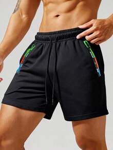 Men's Black Casual Sports Shorts, Side Contrast Zipper Pockets, Drawstring Waist, Summer Shorts - Black - View 3