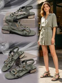 Teen Party High Heels, Futuristic Architectural Style Geometric Buckle Chunky Heel Thick Sole Black & White Sandals, Suitable For Proms And Parties - Olive Green - View 3
