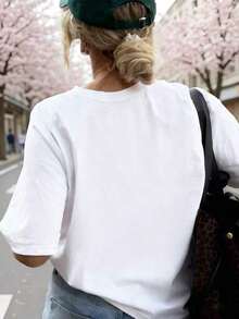 Women's Casual Short-Sleeved Round Neck Polyester T-Shirt With Planet And Moon Print, Ideal For Everyday Wear. - 白色 - 查看 3