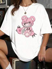 Women's T-Shirt With A Cheeky Smiling Pink Teddy Bear Print. Unique And Bold Graphic Design With Character. Modern Casual Garment, Short Sleeves, Versatile Urban Style. Skin-Friendly - 白色 - 查看 1