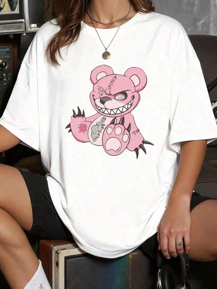 Women's T-Shirt With A Cheeky Smiling Pink Teddy Bear Print. Unique And Bold Graphic Design With Character. Modern Casual Garment, Short Sleeves, Versatile Urban Style. Skin-Friendly - 白色 - 查看 1