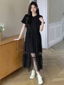 Vestido midi de verano de cuello redondo con manga corta y contraste de malla para mujeres - Negro - Ver 5