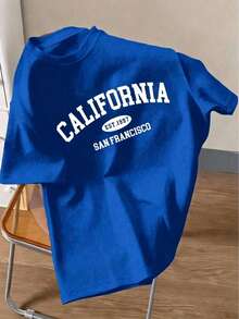 Men's Plus Size Short-Sleeve Crew Neck T-Shirt With A Slim Fit And Contrasting California Letter Print. This  Casual Style Is Perfect For Dates, Meetings, And Everyday Wear. It's Ideal For Couples And Families, And Makes A Great Gift For Boyfriends. - 彩色 - 查看 6