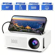 Portable Mini Full HD Projector, Wired Connection Only (No Bluetooth, No WiFi), Built-In Speaker And Remote Control, Compatible With Wired Smartphones/Tablets, Includes EU/UK/US/AU Plug Adapters, Suitable For Home Theater, Office, Dorm, Travel - White - View 2