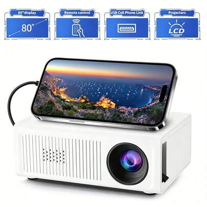Portable Mini Full HD Projector, Wired Connection Only (No Bluetooth, No WiFi), Built-In Speaker And Remote Control, Compatible With Wired Smartphones/Tablets, Includes EU/UK/US/AU Plug Adapters, Suitable For Home Theater, Office, Dorm, Travel