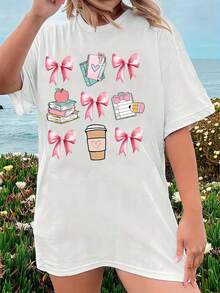 T-Shirt With Butterfly Bow Prints, Round Neck, Short Sleeve, Knitted Regular Length Fashionable Loose Fit Top Tee For Adult, Men, Women, Teen, Teenager, Adolescent, Youth - White - View 1