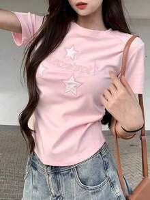 女款刺繡落肩修身圓領上衣 粉色休閒復古夏季款 - 粉色 - 查看 1