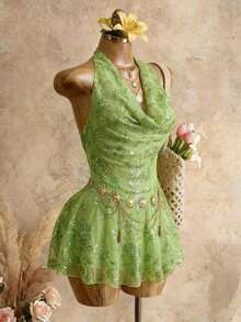 Sequin Mini Dress With Open Back For Beach Vacation - Green - View 6
