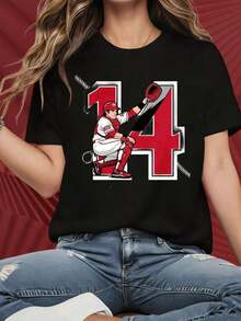 Women's Round-Neck, Short-Sleeved T-Shirts Feature Eye-Catching Prints. This T-Shirt, Featuring A Number 14 Baseball Player Design, Is Suitable For Both Women And Men. It Makes A Great Gift For Sports Fans And Is Perfect For Christmas Parties, Sporting Events, Holiday Parties, Outings, And Other Festive Occasions (220g). This Women's T-Shirt Is Stylish, Boho Chic, And Soft, Breathable, And Comfortable-Ideal For Spring, Summer, And Fall. It's Also Perfect For Vacations, Travel, And Everyday Wear. - 黑色 - 查看 6