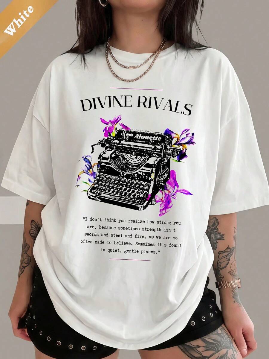 Divine Rivals Oath Gazette Typewriter T-Shirt, 100% Cotton Bookish Merch, Iris Winnow & Roman Kitt Fan Tee - White - View 1