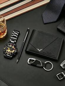 4-Piece Men's Watch And Jewelry Set, Includes Quartz Watch, Pen, Keychain, Multi-Layer Wallet & Coin Pouch, Best Gift For Father's Day, Valentine's Day, Fashionable Luxury Business Watch For Men, Suitable For Father, Boyfriend - Black - View 4