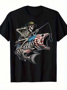 Men's Casual Short Sleeve T-Shirt With Fishing Print, American Flag, Hem, Skull And Skeleton | Comfortable Fit, Fun Design, Crew Neck, All-Season Wear, Minimalist Style Sweatshirt. 2JFU - 黑色 - 查看 10