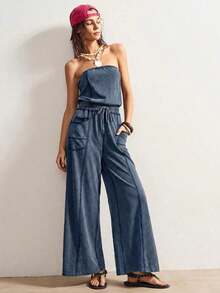 SUN Women's Knit Jumpsuit With Pockets And Adjustable Drawstring - Navy Blue - View 6