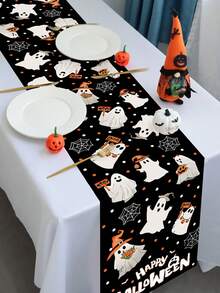 1pc 35*180cm Halloween Theme Table Runner, Cute Ghost & Spider Web Design Table Cloth, Halloween Party, Kitchen & Home Decor, Indoor & Outdoor Use, Holiday Dining Table Decoration, Halloween Party Supplies - Multicolor - View 7