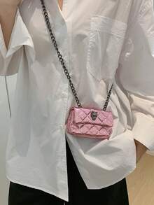 1个2026新款女士纯色金属迷你链条斜挎包，休闲夏季时尚PU奢华单肩包，带口红袋、耳机收纳袋、零钱包，简约晚宴包，适合日常通勤、聚会、约会、工作、购物等多种场合。 - 粉色 - 查看 9