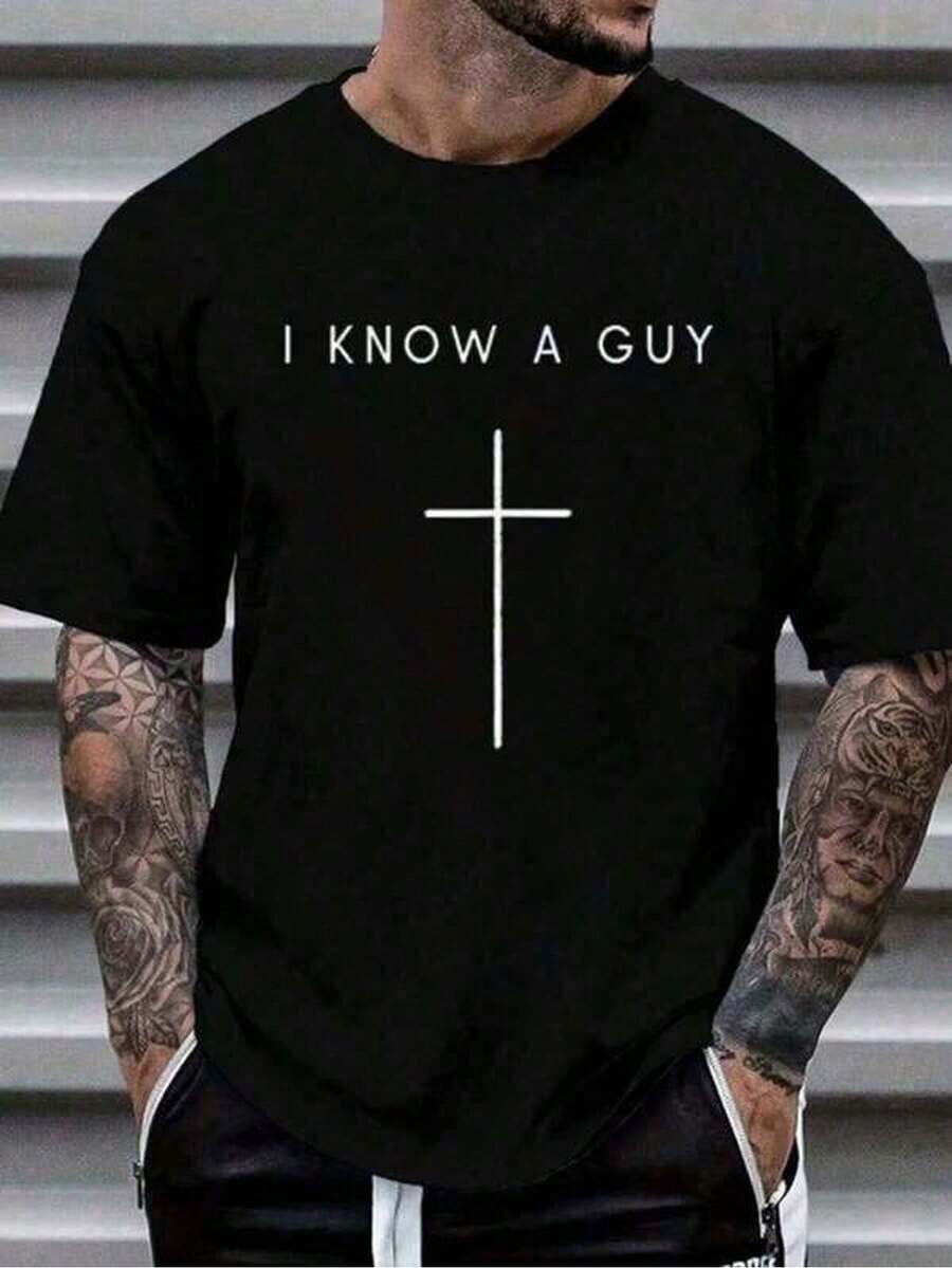 Playera de hombre con cuello redondo, 100% algodón, ropa de hombre, estampado con inscripción cruzada, camiseta negra, playera unisex casual con cuello redondo, tejido de punto ligero de 180 g/m², lavable a máquina, para primavera/verano/otoño, Día de San Valentín, Pascua, Día de Acción de Gracias. - Negro - Ver 1